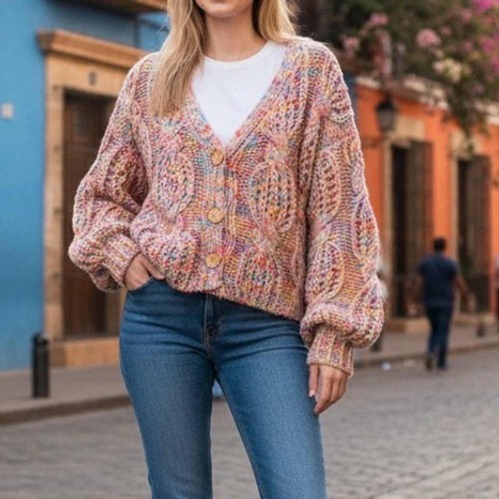 Cupshe Colorful Knit Crop Cardigan Sweater Balloon Sleeve Womens Small NWT